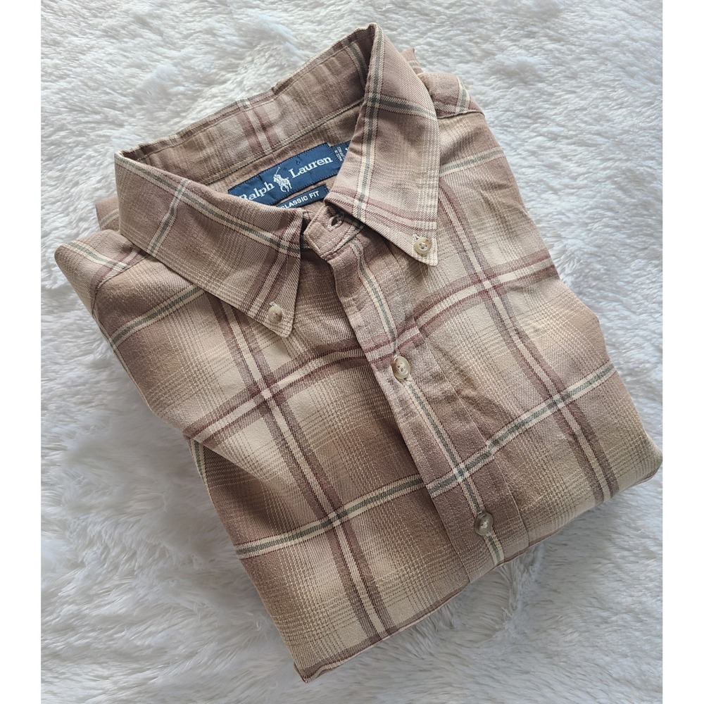 Ralph Lauren Classic Fit Plaid Button Down Shirt Mens XLT Brown Tan Long Sleeve
